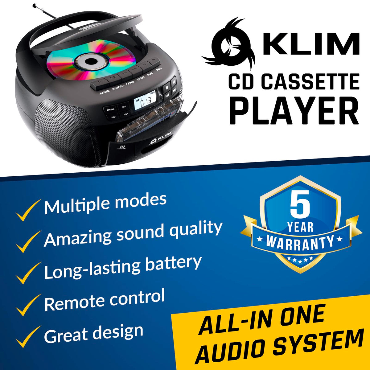 CD Cassette Player with Case, Bluetooth Boombox, AM FM Radio, USB Drive | 3W Stereo Speakers, Song Programming Included, Remote Operates Up to 6 Metres Away - Black