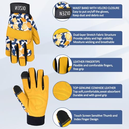 OIZEN Cowhide Leather Thorn Proof & Puncture Resistant Gardening Gloves for Women and Men, Touchscreen Compatible Working Gloves for Weeding, Digging, Planting, Gardening Gifts for Women, Size Medium