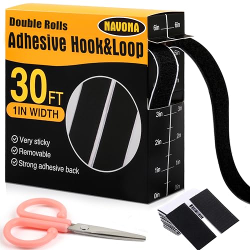 Navona 30Ft x 1 Inch Heavy Duty Hook and Loop Strips with Adhesive, Black | Extra-Strong Hold, Measuring Scale Liner, Bonus Scissors, Durable Nylon Hook & Loop Tape, Ideal for Home, Office & DIY