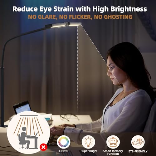 Motumen Led Desk Lamp for Home Office, Eye-Care Desk Light Clamp, Black | Smart Double Head Computer Monitor Table Clip Lamp, Adjustable Flexible Goose-Neck, 25 Lighting Models, Task Lamp