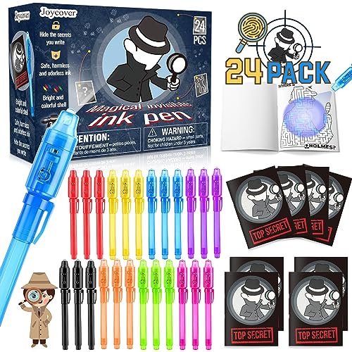 Joycover 24 PCS Invisible Ink Pen with UV Light for Kids, Spy Pens and Notebook，Birthday Party Favors for Kids 4-8, School Prize Goodie Bag Stuffers, UV Pen for Secret Message Escape Room