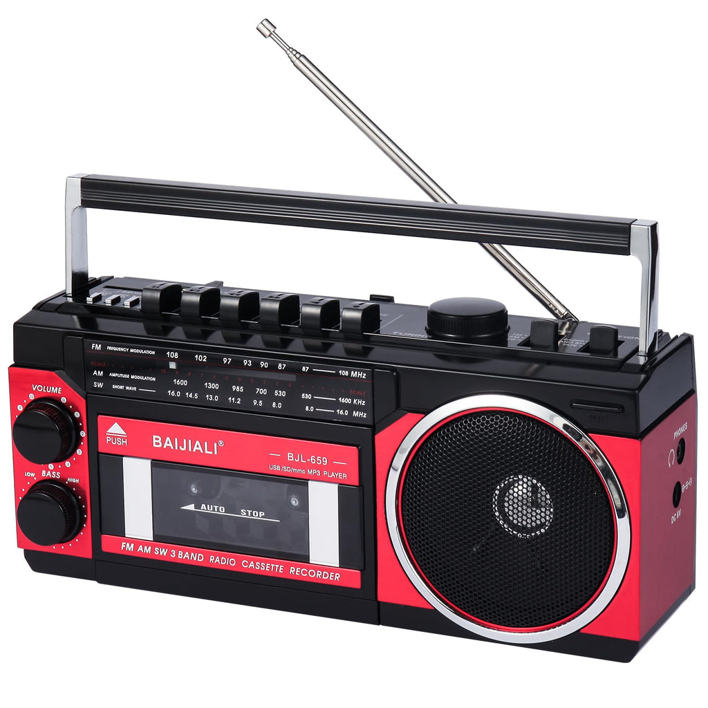 BAIJIALI Portable Cassette Player with AM/FM/SW Radio & BT | Boombox for Home and Travel, Record from Radio, Play via SD/USB, Headphone Jack, AC/Battery Power