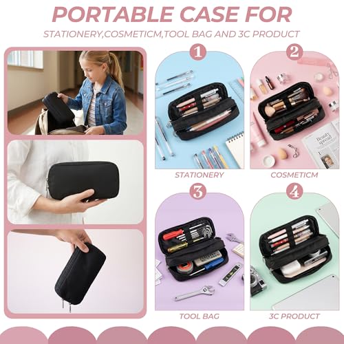 Della Gao Large Pencil Case, Big Capacity Pencil Pouch with 2 Compartments | Office Pencil Bag with Zipper, Big Pen Case for Adults (01-Black)