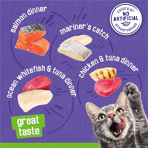 Purina Friskies Pate Wet Cat Food Variety, Seafood & Chicken, (40) 5.5 oz | Moist cat food with real seafood or chicken, smooth easy-to-chew pate texture, 40-count variety pack to stock up