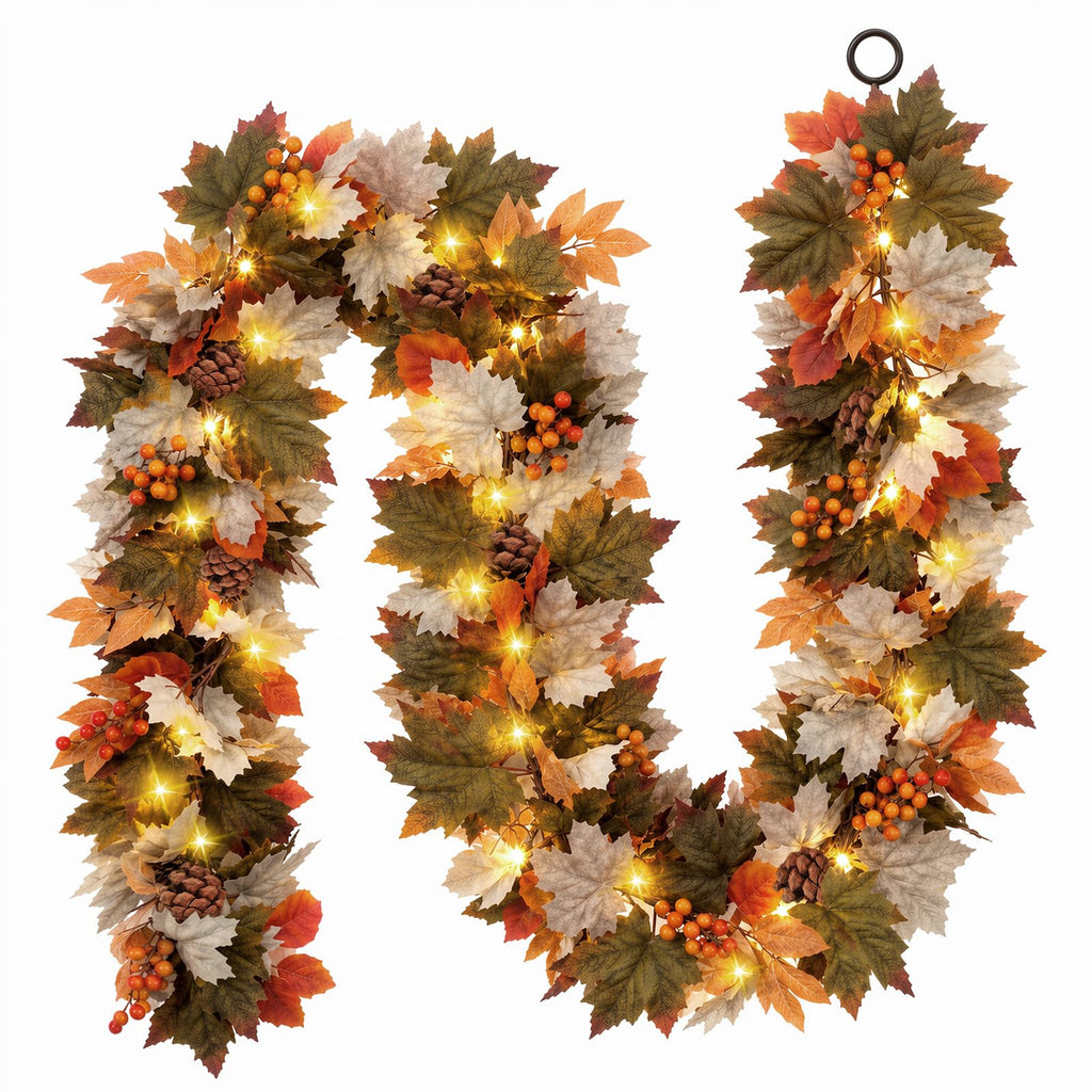 Luxspire 6 FT Fall Garland with Lights and Timer for Fall Decor | Fall Leaves Garland with Lights, Berries Maple Leaves Pinecones, Fall Decorations for Home Mantle Porch Window Stair Railing