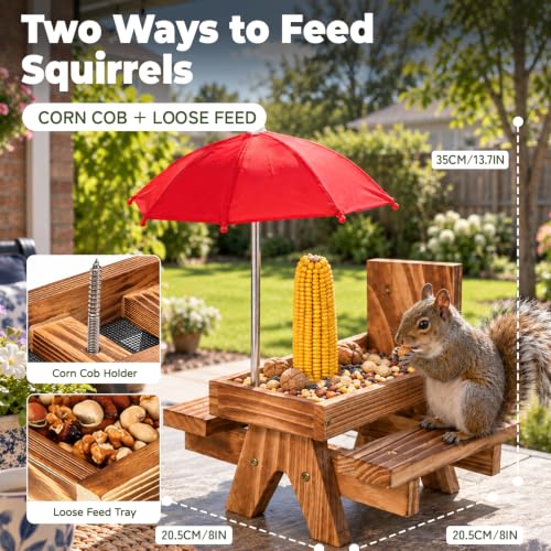 Squirrel Feeder for Outside, Funny Wooden Picnic Table with Mini Umbrella | Solid wood feeder for squirrels and chipmunks, drainage mesh, corn cob holder, feeding area, tree or fence mount