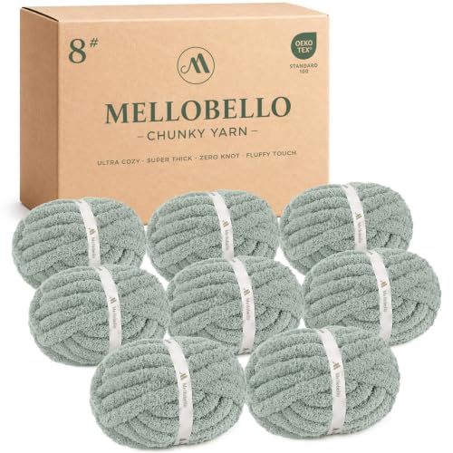 Mellobello Jumbo Chunky Yarn for Hand Knitting - Super Thick Chenille Chunky Yarn for Crocheting - Extra Soft Bulky Fluffy Blanket Big Yarn 8 Jumbo Pack (26yds,8 oz Each Skein) Sage Green