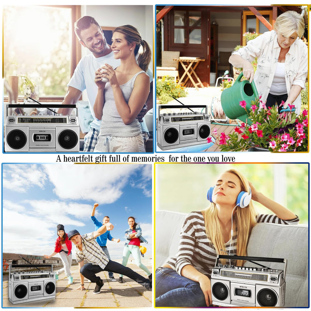 Retro Classic 80s Style Portable Boombox with Cassette Player Recorder, AM/FM/SW1/SW2 Radio, Bluetooth, USB/Micro SD Slots, Headphone Jack, 24W Dual Full-Range High Bass Speakers