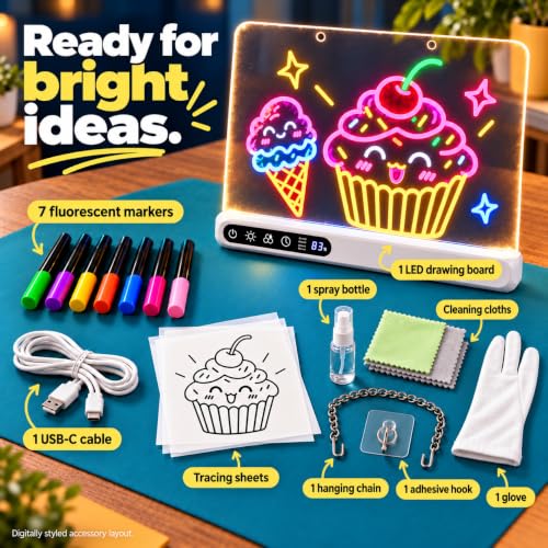 Cordless 16" LED Drawing Board for Kids | Wall Mountable Tabletop, Rechargeable Glow Doodle Note Board, 14 Light Effects, 7 Markers