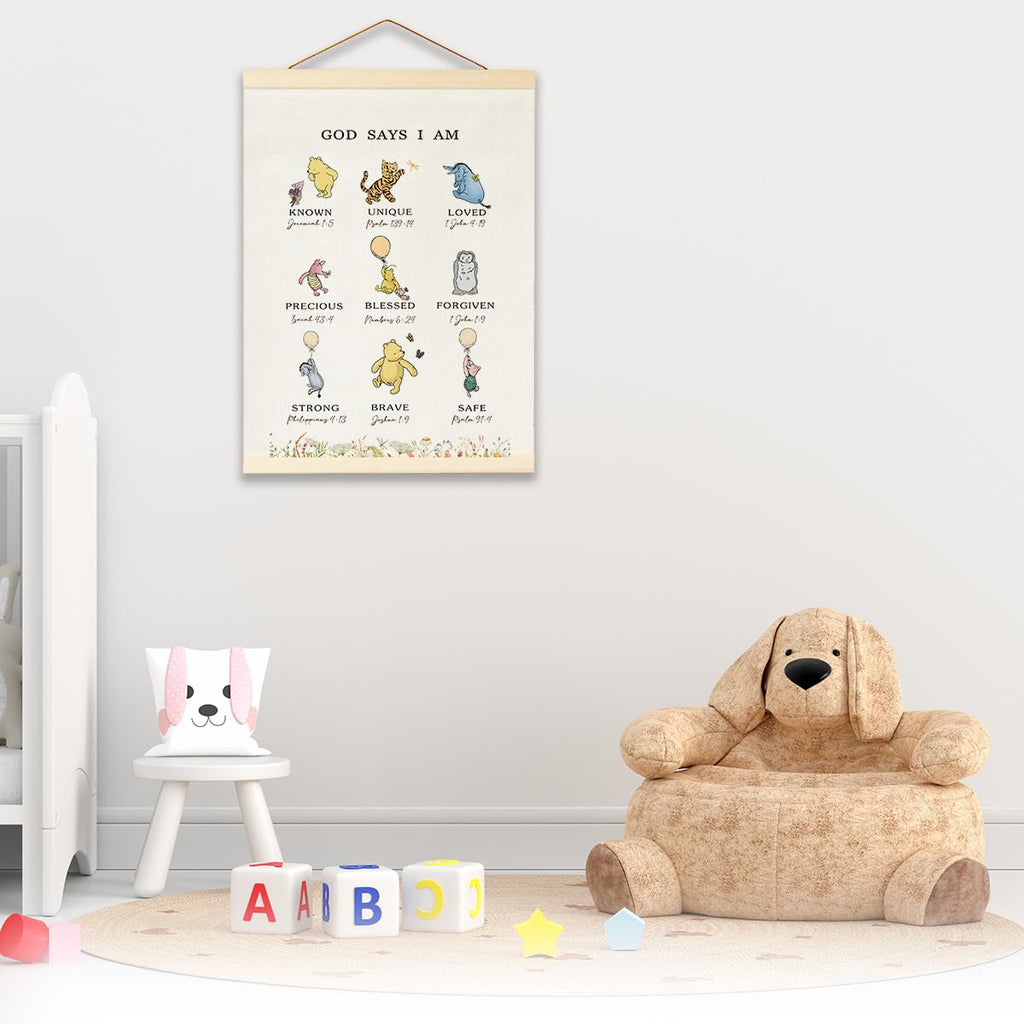 Winnie Biblical Affirmations Wall Art, The Pooh Canvas Wall Art Painting for Room, Wooden Hanging Rod Religious Gifts, Nursery Decoration For Boy or Girl