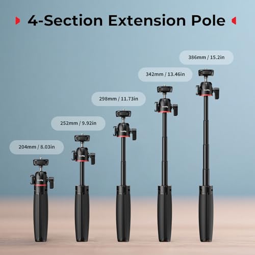 SMALLRIG Small Camera Tripod Selfie Stick, Extendable 8"-15" Mini Tripod | Carabiner with Mantis Hook, 360° Ball Head, Cold Shoe Mount, 1/4"-20 Screw for DSLR, Adapter for DJI, for GoPro - 5285