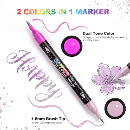 IVSUN 96 Colors 48 Pens Glitter Markers for Adult Coloring & Lettering | Dual Brush Tips, Sparkling Shimmer Effect and Quick-Drying Water-Based Ink for Coloring Books No Bleeding, Journals and Cards