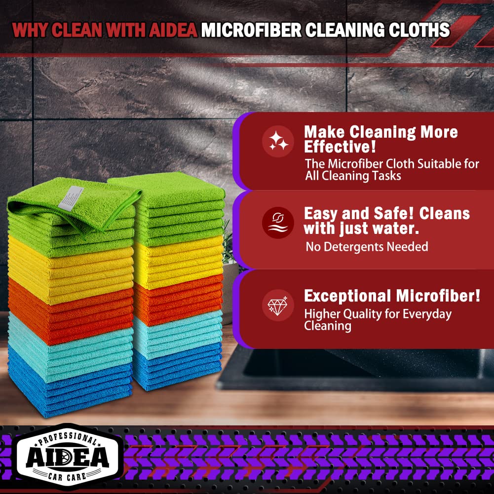 AIDEA Microfiber Cleaning Cloth-50PK, Microfiber Towels for Cars, 12"×12" | Premium Wash Cloths, Dusting Cloth Cleaning Rags, Absorbent Towels for SUVs, House, Kitchen, Window, Cleaning Supplies