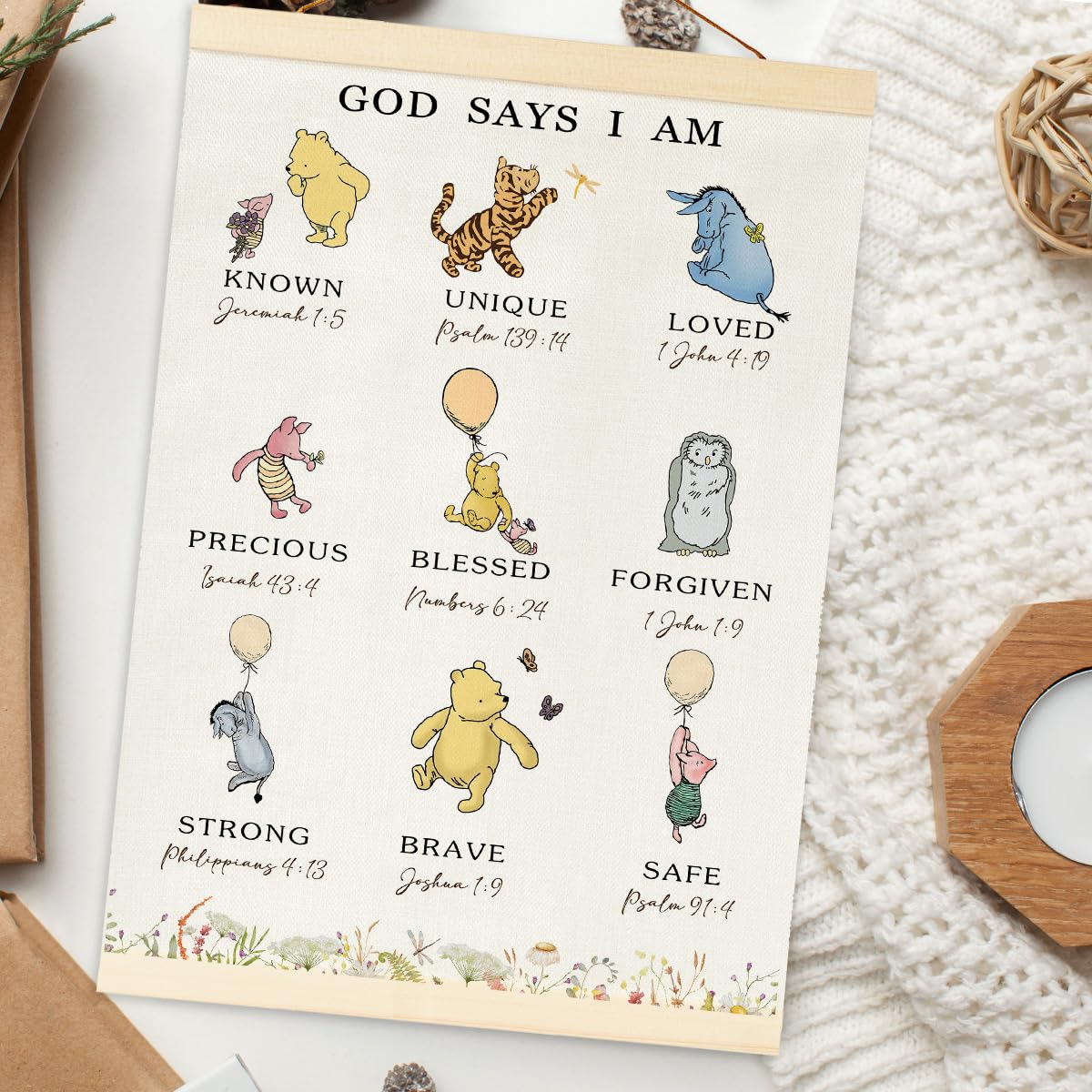 Winnie Biblical Affirmations Wall Art, The Pooh Canvas Wall Art Painting for Room, Wooden Hanging Rod Religious Gifts, Nursery Decoration For Boy or Girl
