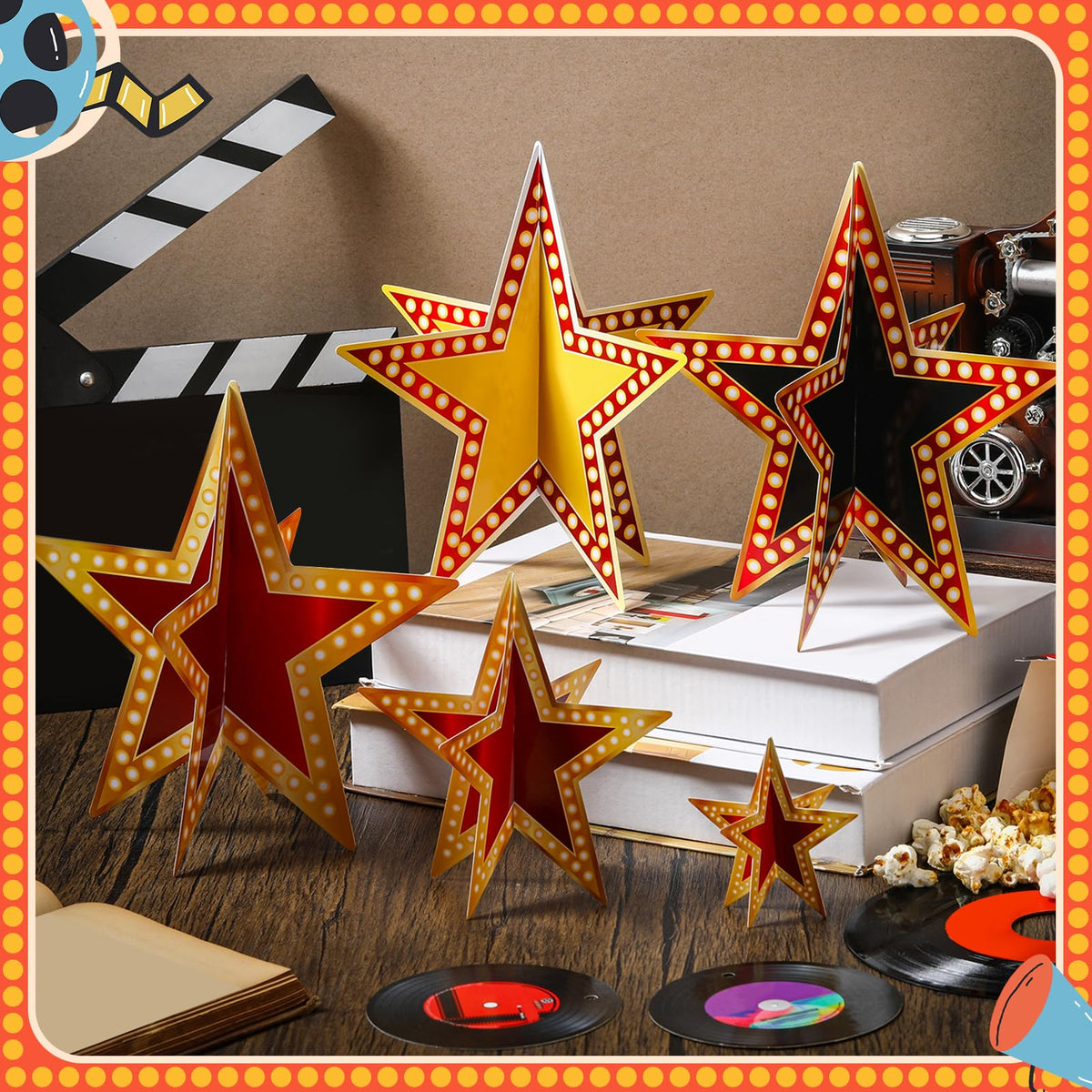 Sinload 45 Piece 3D Glitter Star Centerpieces Red Black Gold Party Decor | 300 Gsm Cardstock with 15 Pieces Per Size in 8" 5" 3" Formats for Standing Hanging Back to School Movie Night Awards Decor