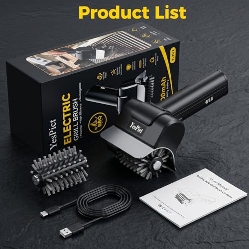 Electric Grill Brush, Cordless Rechargeable Grill Cleaner, BBQ Grill Brush | 1100RPM Cleaning Power, Max 180-Min Runtime, Replaceable Stainless Steel Head, Backyard BBQs, Park Picnics, Tailgates