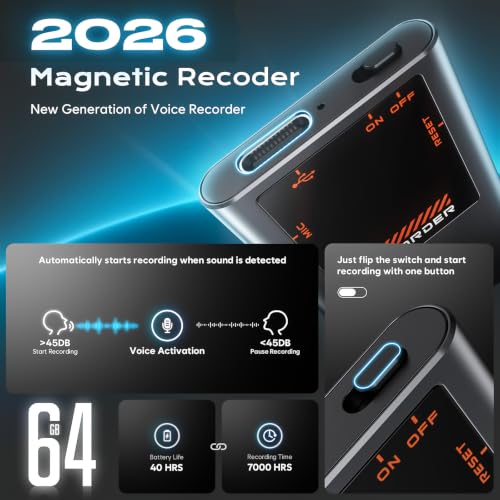 Magnetic Voice Activated Recorder - (7000 Hours) Voice Recorder with DSP 5.0-AI Noise Cancellation - 64GB Portable Recording Device, Voice Recorder with Playback for Work, Meetings, Lectures