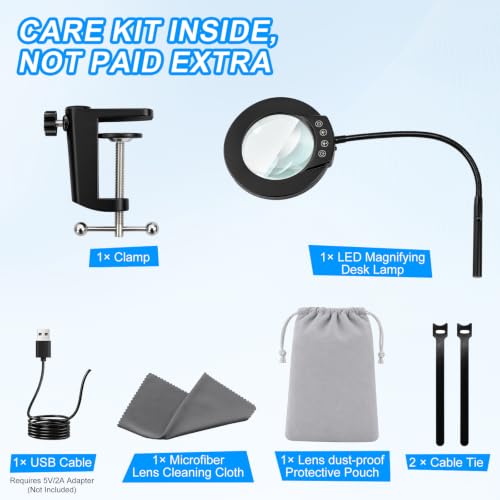 LED Desk Magnifying Lamp with Clamp,10X Magnifying Glass with Light | 5 Color Modes Stepless Dimmable Magnifier Light 3000K-6500K, 5V/2A USB Powered Hands Free Flexible Goose-Neck
