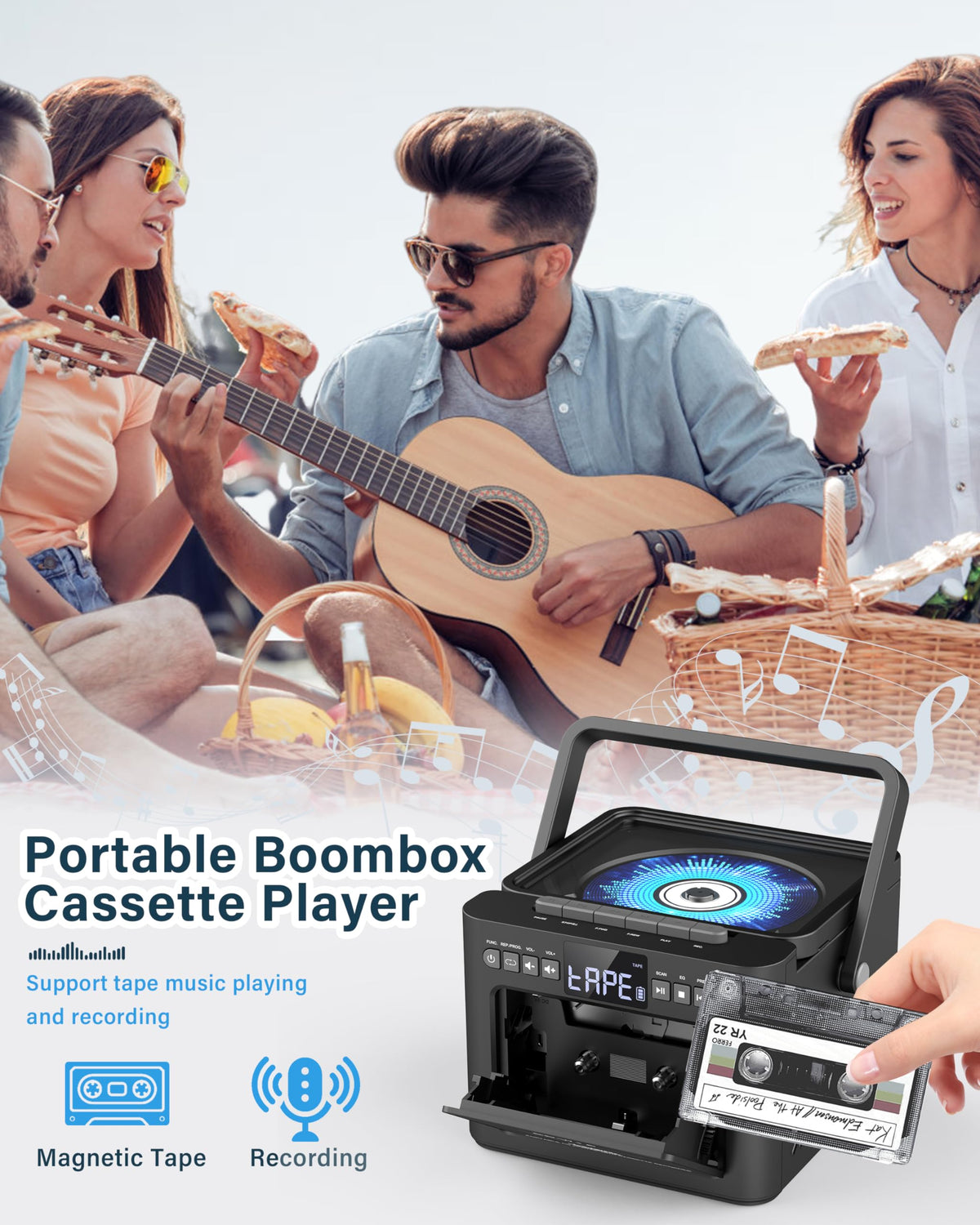 Sunoony Boombox Cassette CD Player Combo with Bluetooth, 5000mAh Battery | Rechargeable Cd and Cassette Player for Home,FM Radio/Remote Control/Tape Recording/AUX/TF/USB/Earphone Jack for Kids, Gift