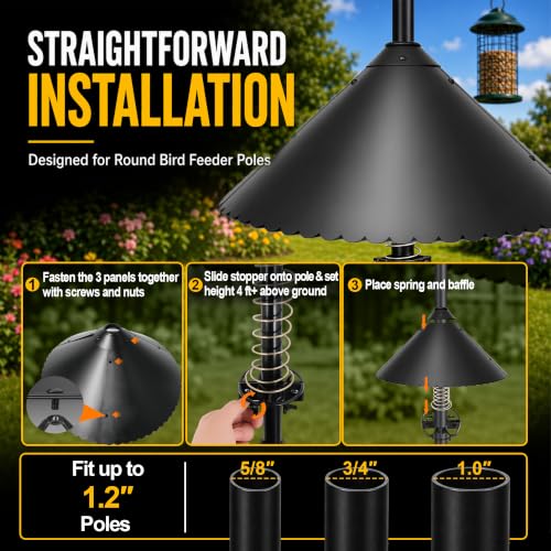 eWonLife 19 inch Metal Squirrel Baffle for Bird Feeder Pole | Easy-Clean Cone, Rust-Resistant Coating, Stainless Steel Wobble Spring, Heavy-Duty Squirrel Deterrent, Easy Installation