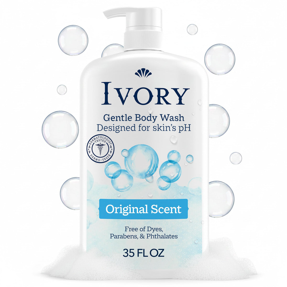 Ivory Body Wash Designed for the Whole Family, Original Scent, 35 fl oz | Gentle Formula for Sensitive Skin | Free of Dyes, Parabens, & Phthalates | Plant-Based Cleaning Power Designed for Skin's pH
