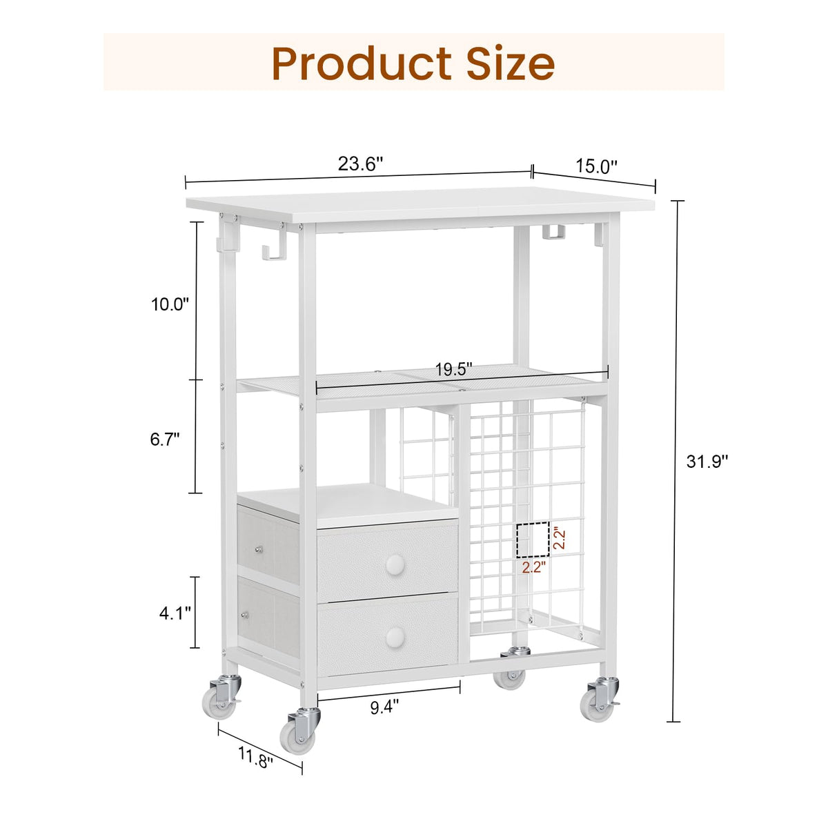 Snughome Rolling Craft Cart for Cricut Machine, Organizer and Storage Stand | 23.6" x 15" Worktop, Large Craft Organizer Cart with 24 Vinyl Roll Holders, 2 Fabric Drawers, 4 Hooks and 4 Silent Casters