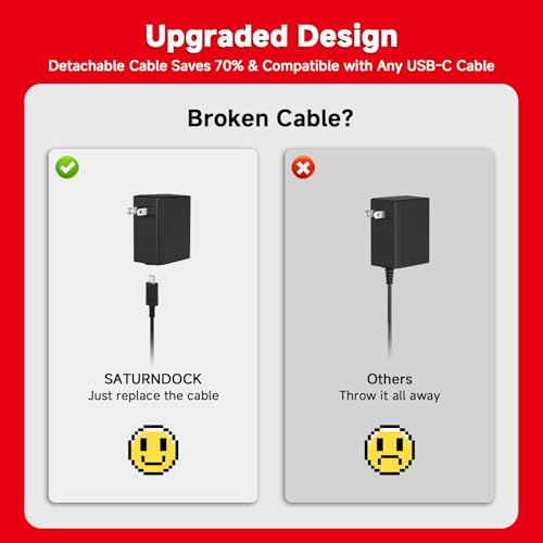 Charger for Nintendo Switch, 45W AC Adapter Fast Charging with 5ft Detachable USB C Cable, Compatible with Switch/OLED/Lite, Steam Deck, Support TV Mode, Original Quality