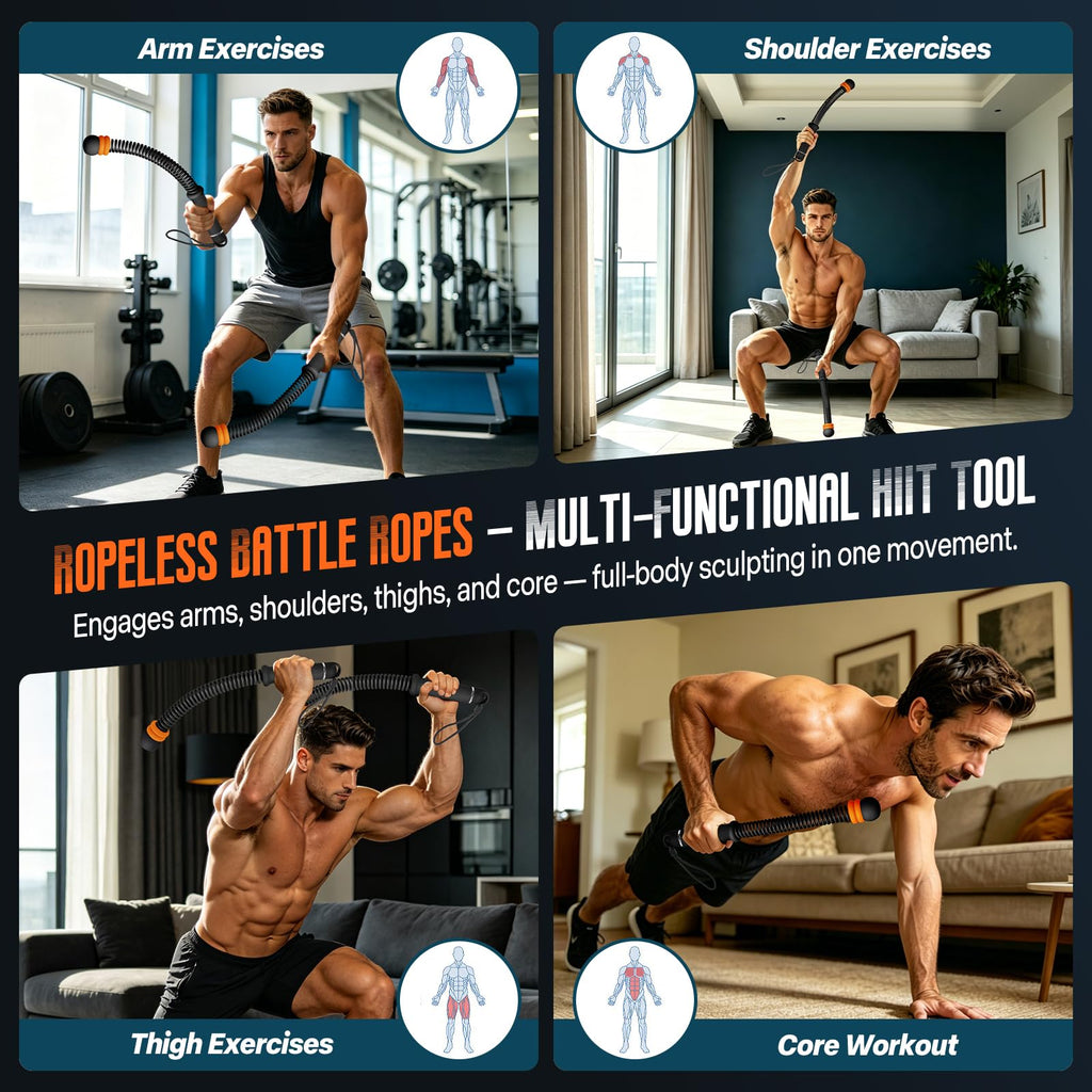 Weighted Cordless Battle Ropes – Adjustable Resistance Ropeless Battle Ropes for Home Gym with Non-Slip Handle, Portable Low-Noise Fitness Equipment for HIIT & Low-Impact Cardio Workouts – Black