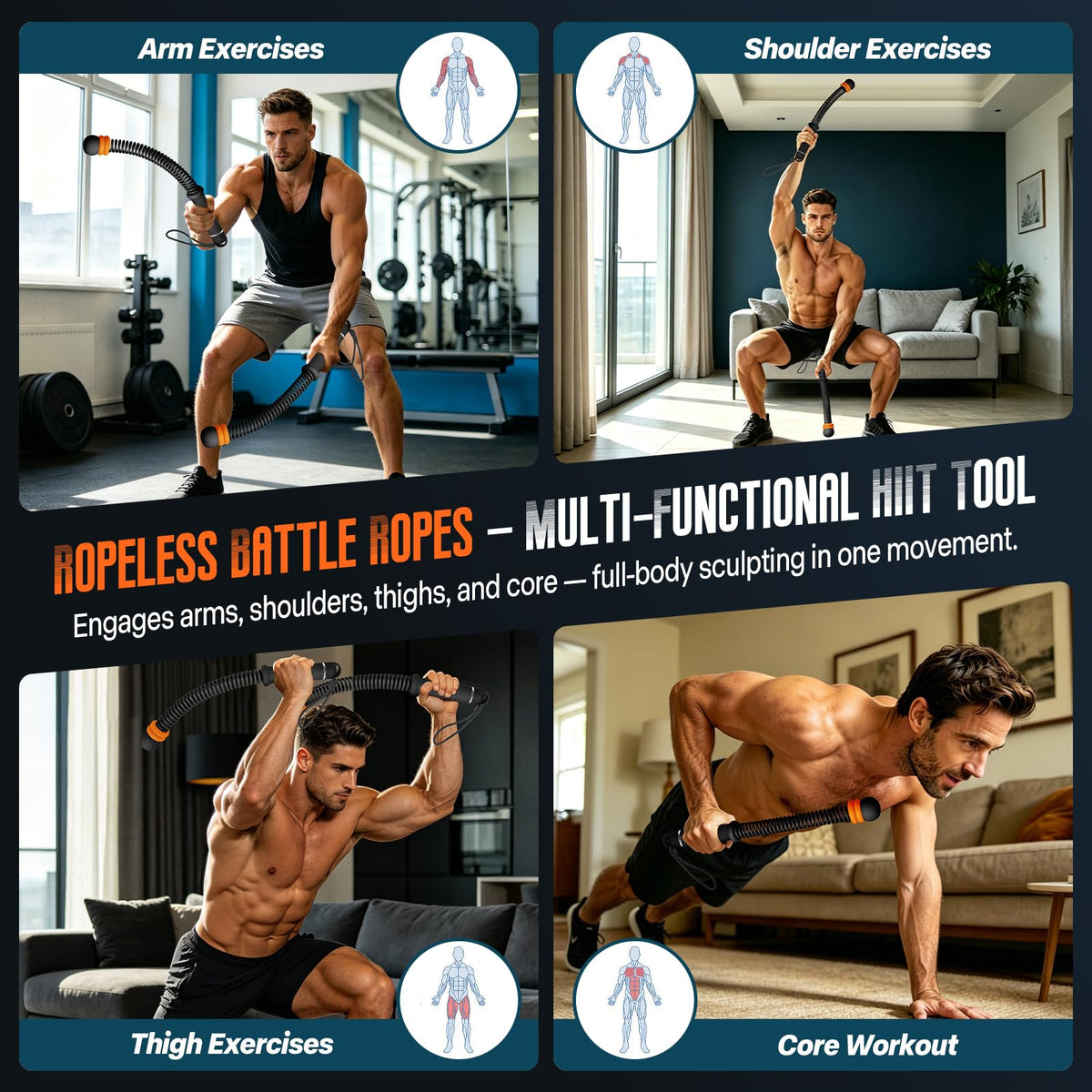 Weighted Cordless Battle Ropes – Adjustable Resistance Ropeless Battle Ropes for Home Gym with Non-Slip Handle, Portable Low-Noise Fitness Equipment for HIIT & Low-Impact Cardio Workouts – Black