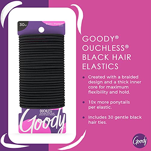 Goody Ouchless Elastic Hair Ties, 30 Ct, Black, 4MM Rubber Bands, Pain-Free | Hair Styling Accessories for Women & Men, Made for Long-Lasting Braids, Ponytails & More, No Pull or Damage, All Hair Types