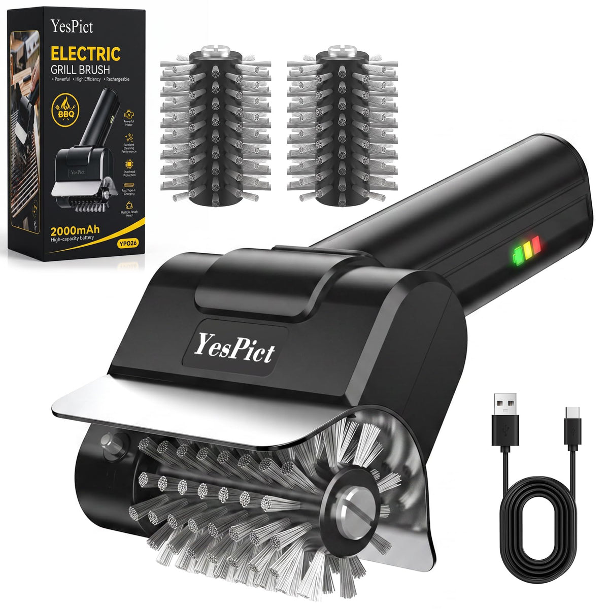 Electric Grill Brush, Cordless Rechargeable Grill Cleaner, BBQ Grill Brush | 1100RPM Cleaning Power, Max 180-Min Runtime, Replaceable Stainless Steel Head, Backyard BBQs, Park Picnics, Tailgates