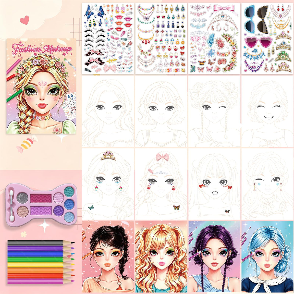 Elfew Makeup Sticker Coloring Books for Kids, Dress UP Toy for Girls 5-8 | 200+ Stickers with 8 Colored Pencils & Makeup Palette, Creative Activity Toy for Home Travel Party Gift