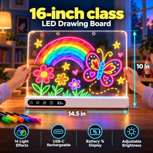 Cordless 16" LED Drawing Board for Kids | Wall Mountable Tabletop, Rechargeable Glow Doodle Note Board, 14 Light Effects, 7 Markers