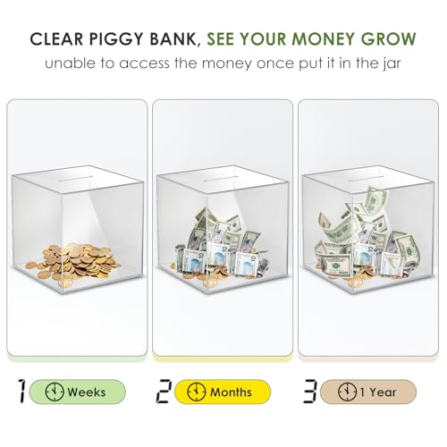 Piggy Bank for Adults Must Break to Open Acrylic Clear Piggy Bank Coin Bank | Vcertcpl Money Saving Box for Cash Saving, Unopenable Adults Bank for Real Money Bank Change Jar (Clear, 12x12CM)