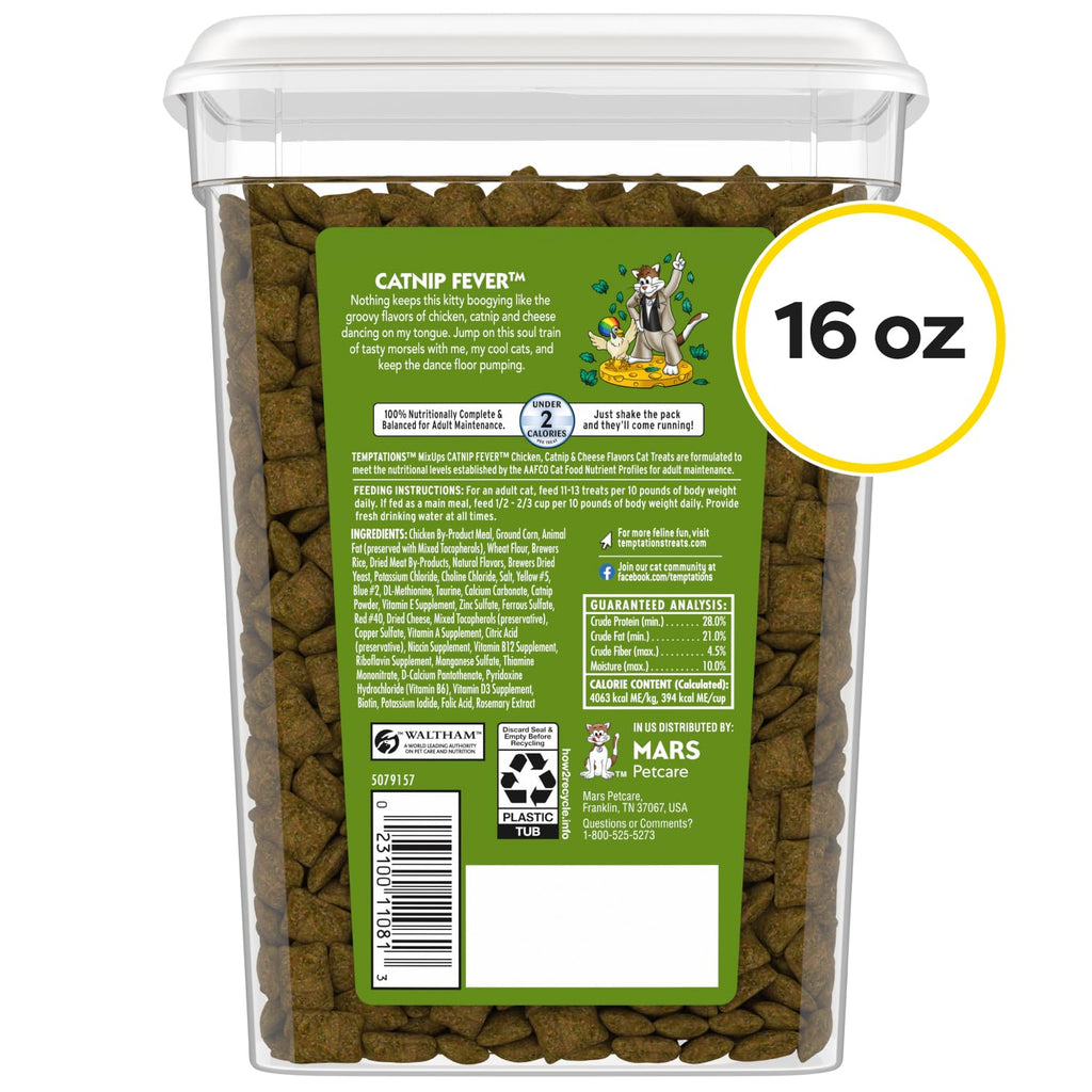 Temptations MixUps Crunchy and Soft Cat Treats, Catnip Fever, 16 oz | Chicken, catnip & cheese flavor, crunchy outside, soft inside, under 2 cal/treat, 100% complete & balanced, resealable tub