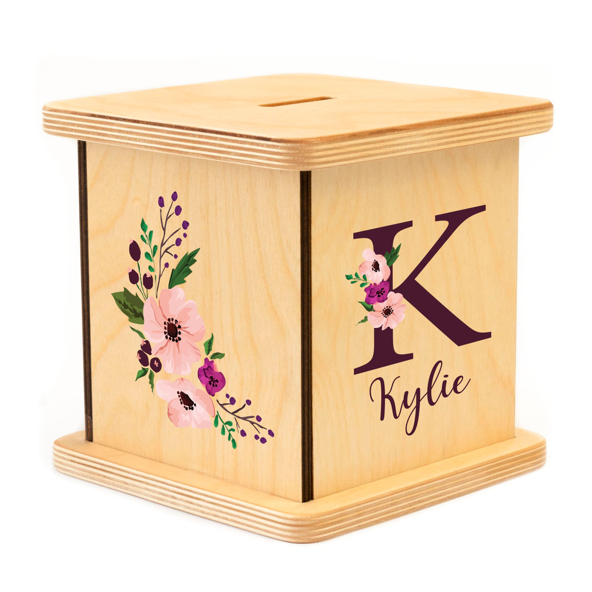 Wooden Piggy Bank for Kids and Adults, Personalized Gift Handmade in USA by BloomOwl, Custom Piggy Bank, Personalized Banks for Kids, Gifts for Baby Boys and Girls (Plum Floral)