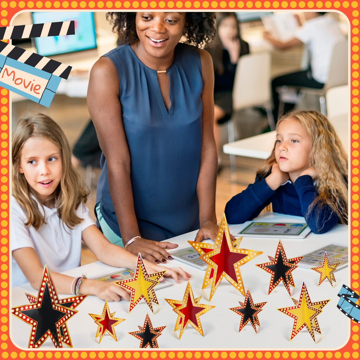 Sinload 45 Piece 3D Glitter Star Centerpieces Red Black Gold Party Decor | 300 Gsm Cardstock with 15 Pieces Per Size in 8" 5" 3" Formats for Standing Hanging Back to School Movie Night Awards Decor