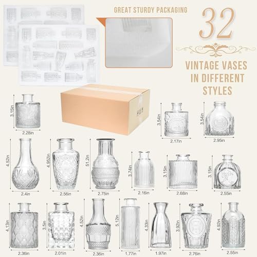 Anquephd Glass Bud Vase Set of 32PCS Wedding Centerpieces for Tables,Mini Clear Bud Vases for Flowers,Small Flower Vases Suitable for Birthday Party,Anniversary,Wedding,Baby Shower (Clear, 32PCS)