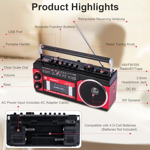 BAIJIALI Portable Cassette Player with AM/FM/SW Radio & BT | Boombox for Home and Travel, Record from Radio, Play via SD/USB, Headphone Jack, AC/Battery Power