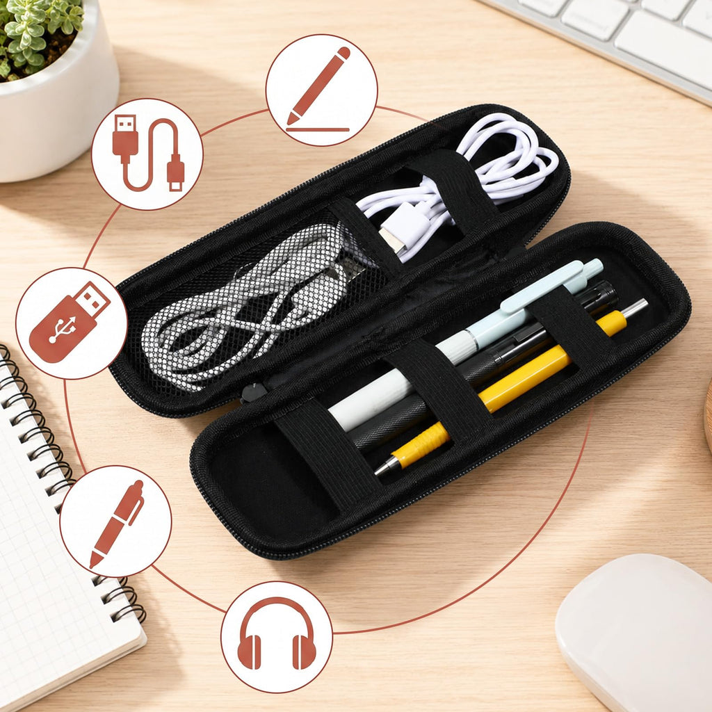 Zyghjort Pencil Case EVA Hard Shell, Black Pen Organizer Box | 7.87 Inches Slim Pencil Case Simple Zippered Hard Pen Case for Adults Office Stylus Pens Electronic Accessories Fountain Pens