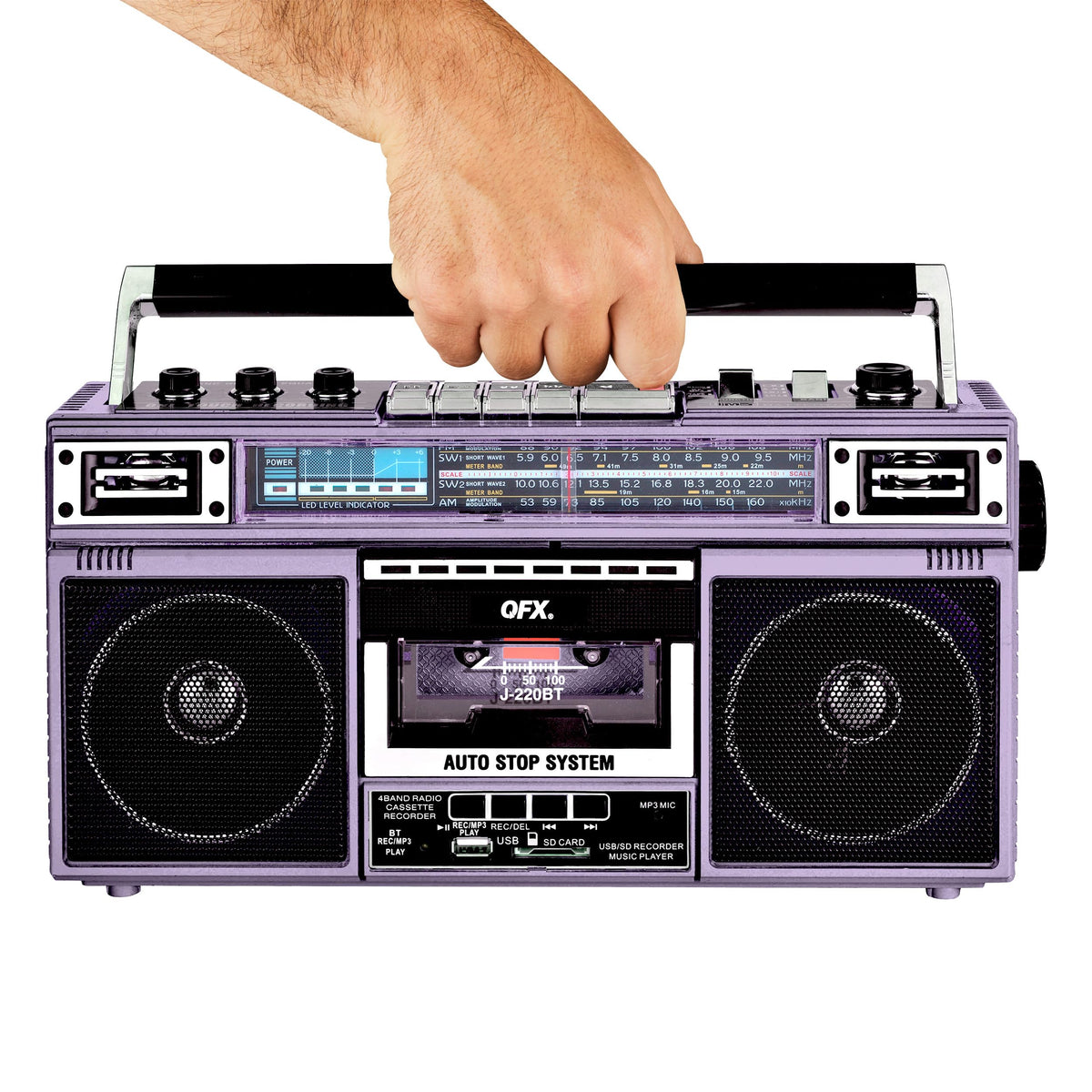 QFX Retro Bluetooth Boombox Cassette Tape Player Recorder, J-220BT, Purple | Portable, Dual 3" Speakers, AM/FM/SW1/SW2 Radio, Built-in Microphone, Recorder, 3-Band Equalizer - Limited Edition