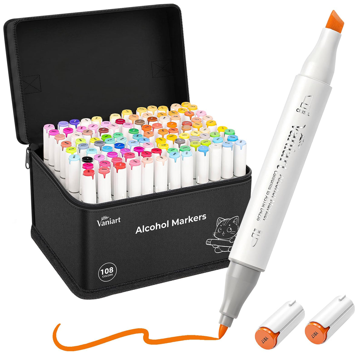 Vaniart Professional Alcohol Markers, 108 Colors Fine & Chisel Sketch Pens | Permanent Ink & Dual Tip for Adult Coloring Book, Drawing, Cards, Journaling, Planner – Art Supplies Gift for Kids Girl Boy