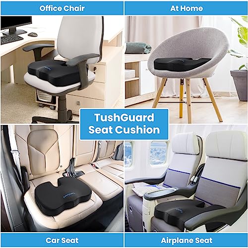 TushGuard Seat Cushion for Office Chair, Memory Foam Chair Cushion, Black | Office Chair Cushion for Car, Airplane - Chair Pad, Butt Pillow for Long Sitting Sciatica, Hip, Coccyx,Tailbone Pain Relief