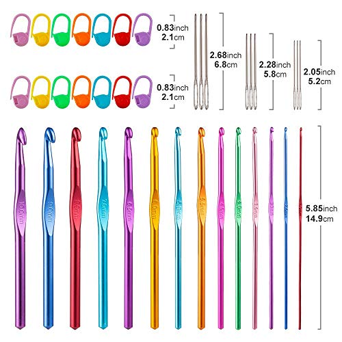 Vodiye 14 Sizes Crochet Hooks Set, 2.0-10.0mm, Metal Crochet Needles | Crochet Hooks for Beginners and Craft Lovers with Ergonomic Crochet Needles for Comfortable Crocheting and DIY Yarn Projects