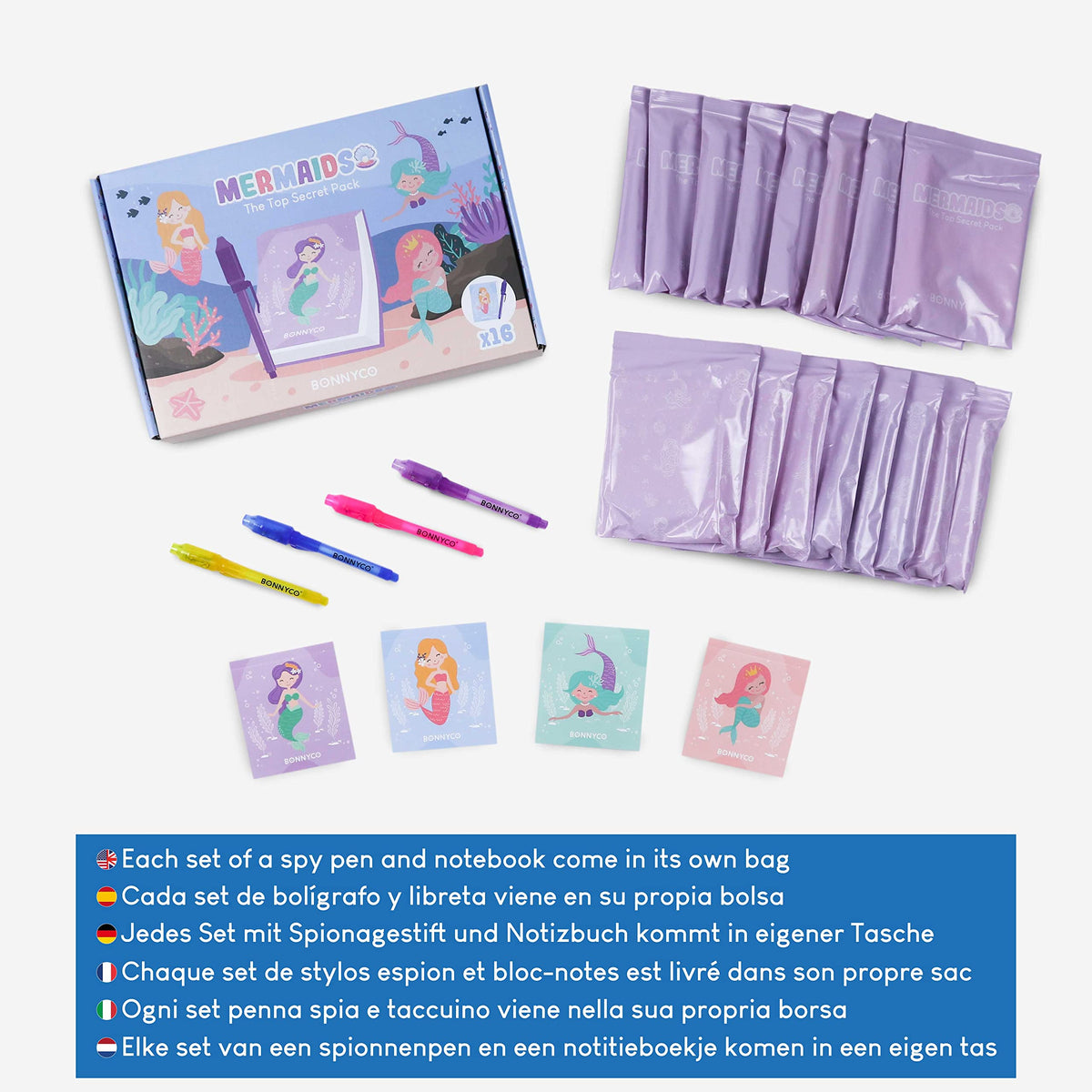 BONNYCO Invisible Ink Pen and Notebook Pack of 16 Party Favors for Kids | Mermaid Goodie Bags Stuffers for Kids. Birthday Party Supplies with Magic Spy Pen, Goody Bag Stuffers, Return Gifts, Prizes