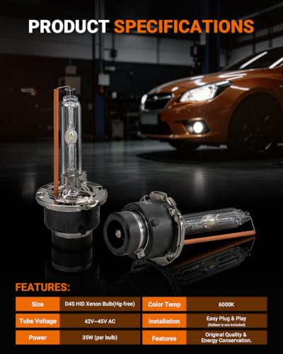 SEALIGHT D4S HID Bulbs, 6000K Daylight White Enhanced Visibility, 35W Direct Fit for 66440 42402 42402WX D4S Xenon Bulb, Pack of 2 (Halogen Headlamp Incompatible)