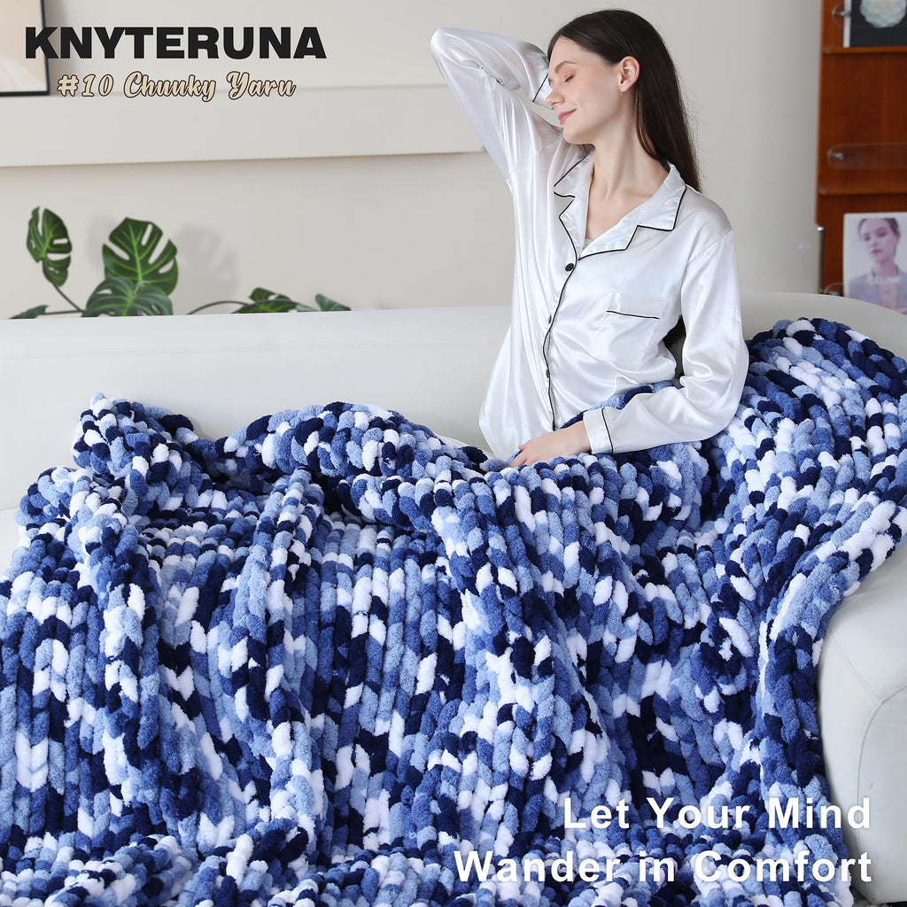 Knyteruna Chunky Yarn for Hand Knitting, #10 Chunky Blanket Chenille Yarn, Large Bulky Thick Jumbo Yarn, Super Chunky Knit Yarn for Crocheting, 8 Skein (8oz,20yds Each Skein), Tie Dye Multi Blue&White