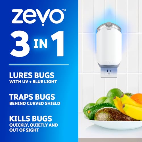Zevo Flying Insect Trap for Fruit Flies & Gnats, 1 Plug-in Base & 3 Refills | Catches Fruit Flies & Gnats Near Fruit Bowls & Trash Bins, Spray-Free, Odor-Free, Blue & UV Light Trap, Safe for Kids & Pets*