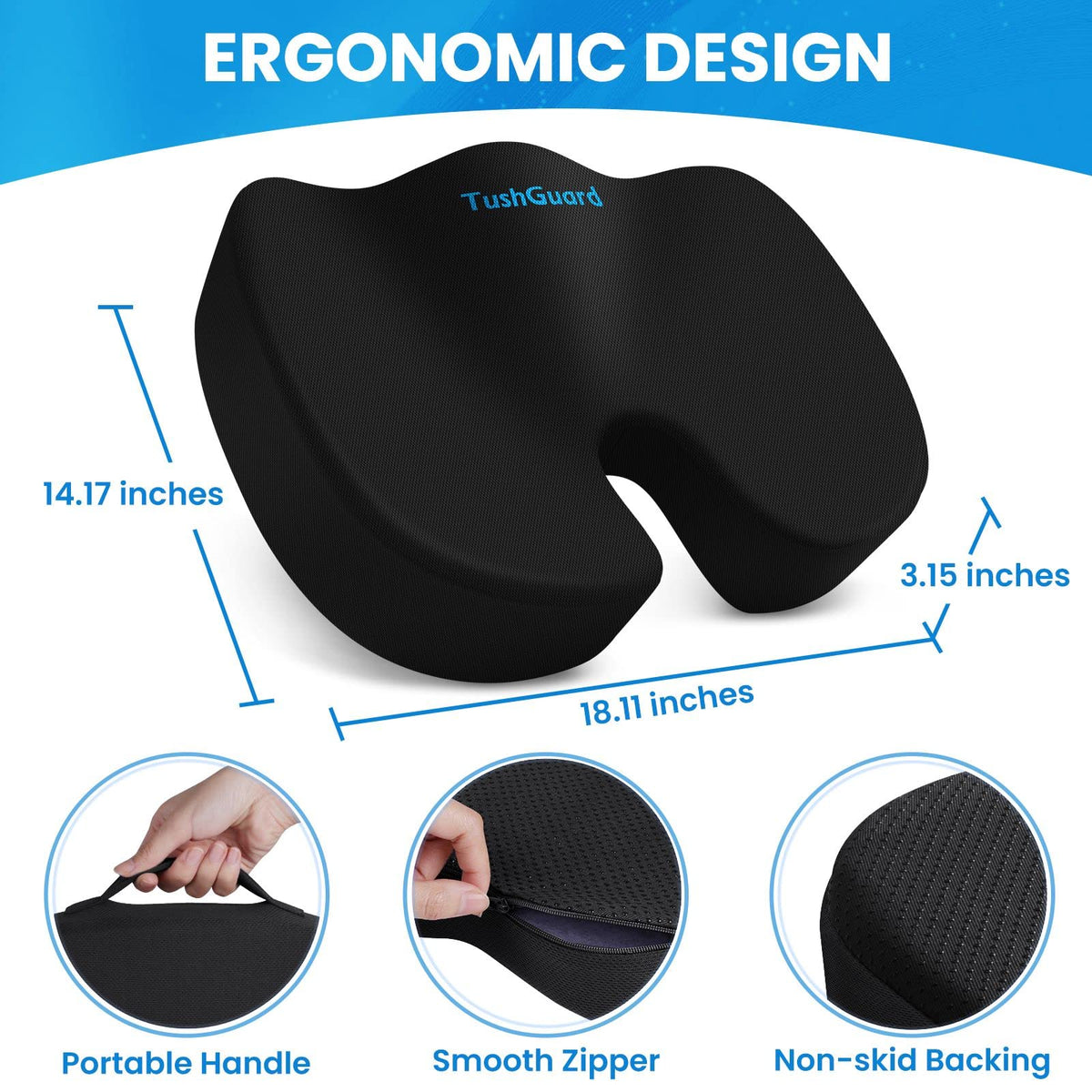 TushGuard Seat Cushion for Office Chair, Memory Foam Chair Cushion, Black | Office Chair Cushion for Car, Airplane - Chair Pad, Butt Pillow for Long Sitting Sciatica, Hip, Coccyx,Tailbone Pain Relief