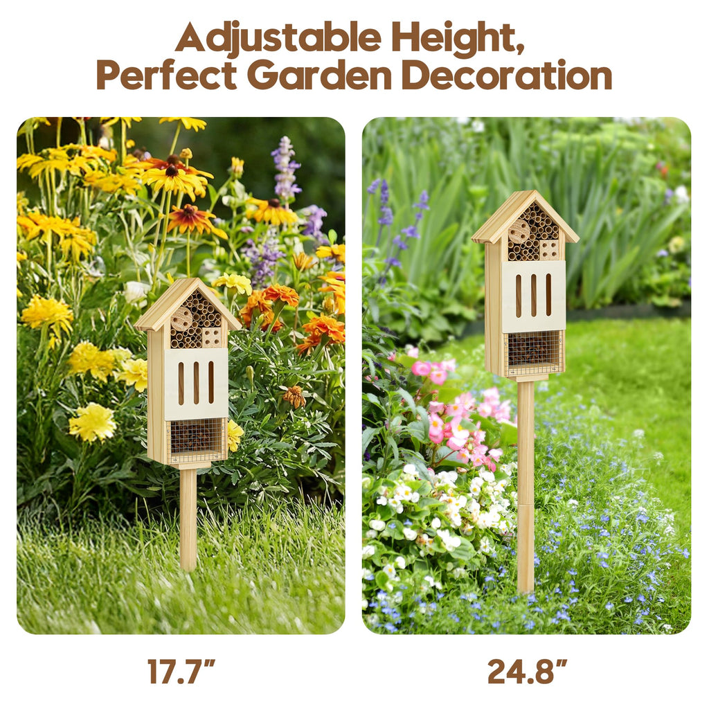 UUMENHA Bee House Bug Hotel & Butterfly House with Stake,Ladybug Hotel | Natural Insect Habitat for Garden, Patio, or Yard, Attracts Pollinators, 10.4 x 5.5 x 3.2 Inches,14 inches Stake